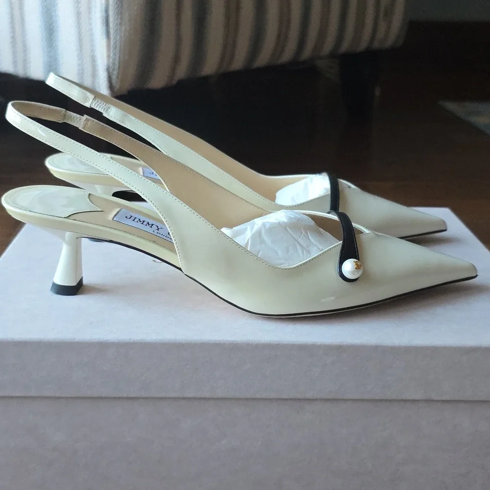 Jimmy Choo Ivory Slingback Pump with Black Strap and Pearl Accent - Picture 2 of 4